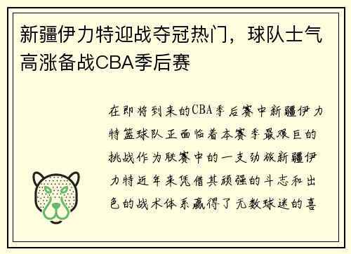 新疆伊力特迎战夺冠热门，球队士气高涨备战CBA季后赛